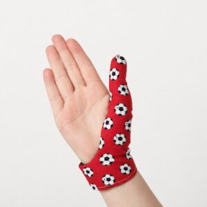 Red Football thumb glove on hand